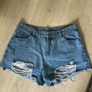 Raw Hem High Waisted Denim Shorts with Slit on Butt